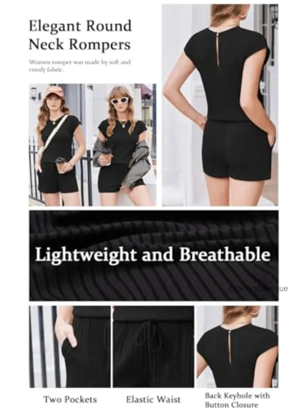 Women's Short Sleeve Jumpsuit with Pockets Summer Casual Crewneck Romper
